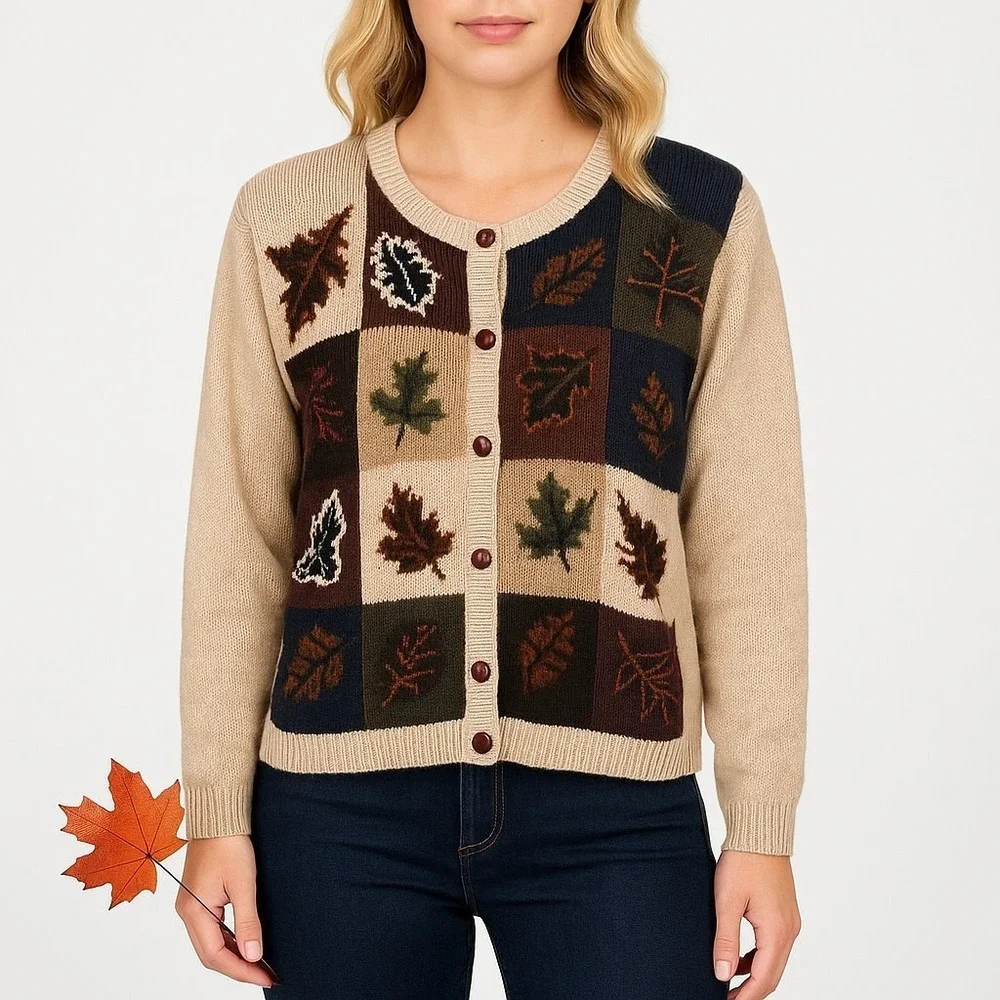 Vintage Milano Womens L Fall‎ Leaf Patchwork Cardigan Sweater Rustic Earthy Knit